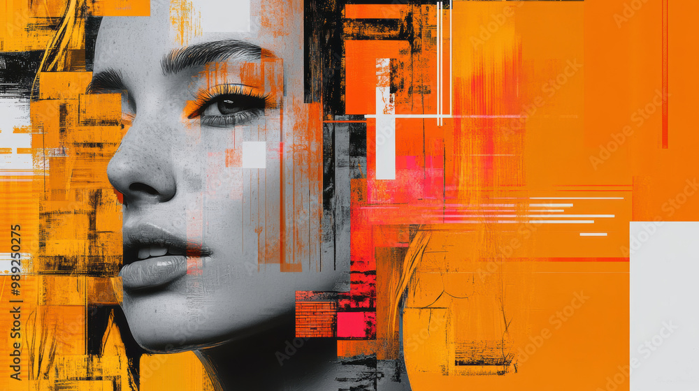 Poster this vibrant artwork features womans face blended with abstract shapes and colors, creating striking
