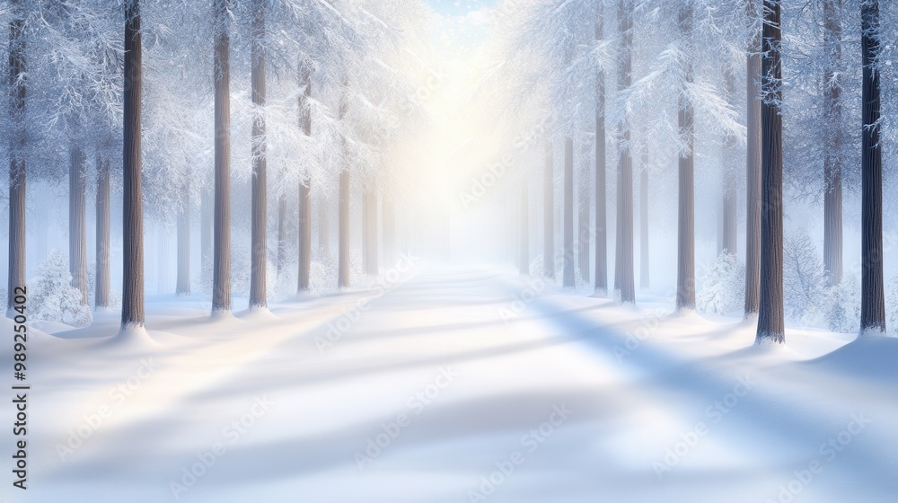 Poster serene winter background with tall, snow-covered trees lining a path through a snowy forest, the sof