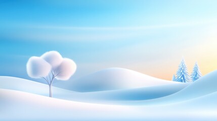 Serene winter landscape with snow-covered trees, soft blue sky, and distant mountains. Frosty atmosphere with subtle light from the horizon. Perfect for winter-themed designs.