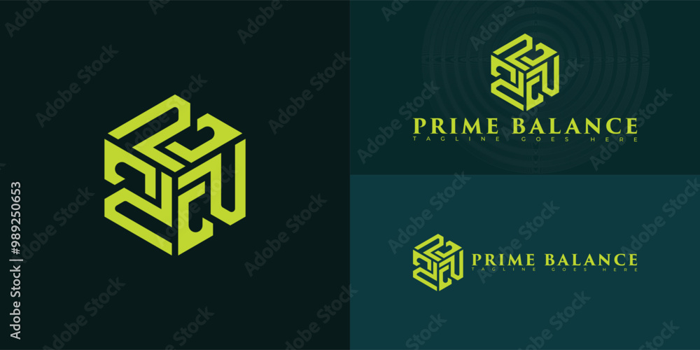 Poster modern hexagon vector initial letter pb or bp logo in yellow color isolated on multiple background c