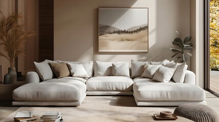Cozy and inviting modern living room with a large comfortable sectional sofa and minimalist stylish decor featuring plush textures and muted earth tones for a hygge inspired