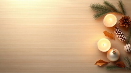 Simple wooden Christmas setting with warm candlelight, pine needles, and festive garlands, creating a peaceful and intimate holiday background.