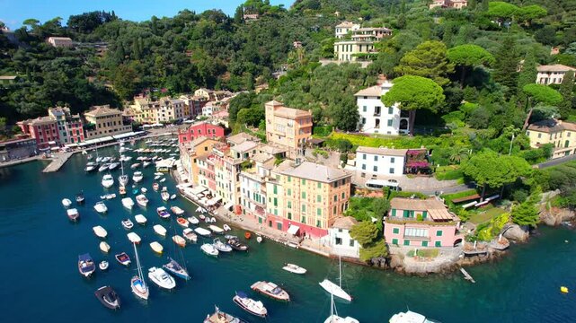 Portofino - italy - sideways aerial photograph of the harbor along the quayside with a view of the bay of Rapallo
