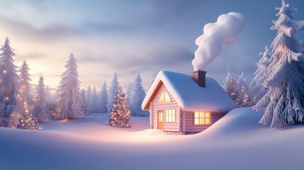 Naklejka premium Snow-covered cabin nestled in a winter forest, warm lights glowing through frosted windows, and smoke rising from the chimney, creating a cozy atmosphere.