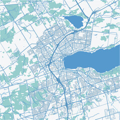 Map of Barrie in Canada in a professional blue style. Contains layered vector with roads water, parks, etc.