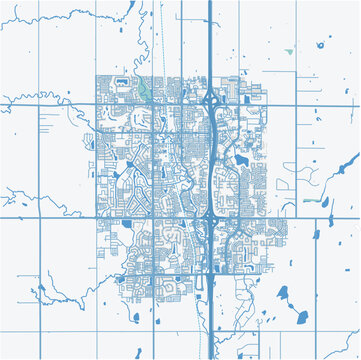 Map of Airdrie in Canada in a professional blue style. Contains layered vector with roads water, parks, etc.