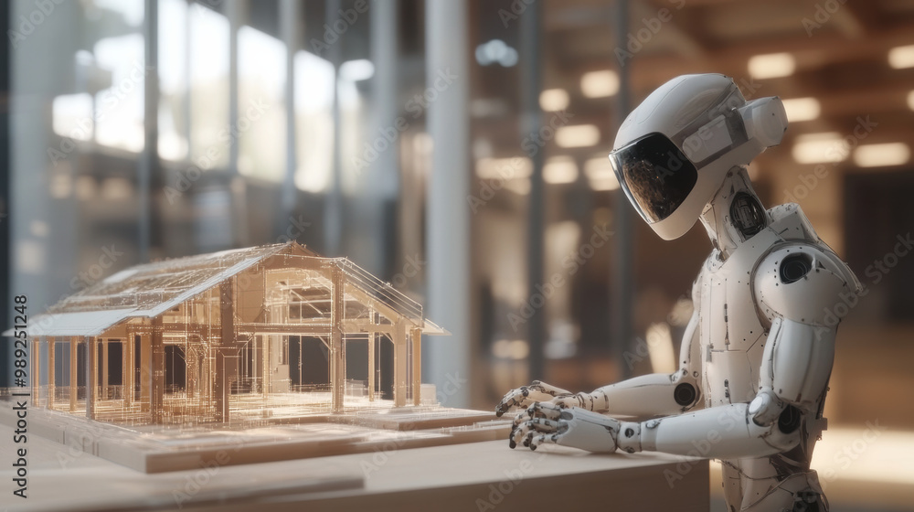 Poster robotic system analyzing 3d model of house design, showcasing advanced technology in architecture. s