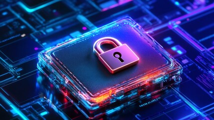 A glowing padlock symbolizing digital security on a vibrant, tech-inspired background with abstract patterns.