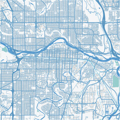 Map of Calgary center in Canada in a professional blue style. Contains layered vector with roads water, parks, etc.