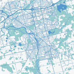 Map of Cambridge in Canada in a professional blue style. Contains layered vector with roads water, parks, etc.