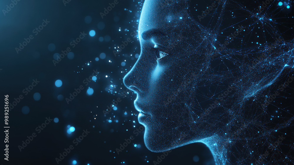 Poster digital representation of human face composed of glowing particles and connections, symbolizing arti