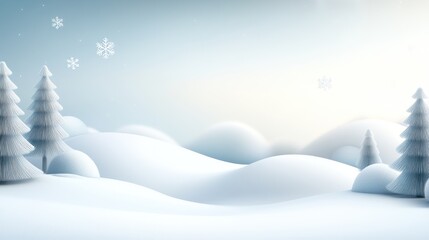 Snow-covered hills and evergreen trees under a soft, cloudy sky. Snowflakes drift gently in the air, creating a calm winter background perfect for seasonal projects.