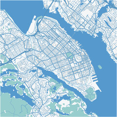 Map of Halifax Center in Canada in a professional blue style. Contains layered vector with roads water, parks, etc.