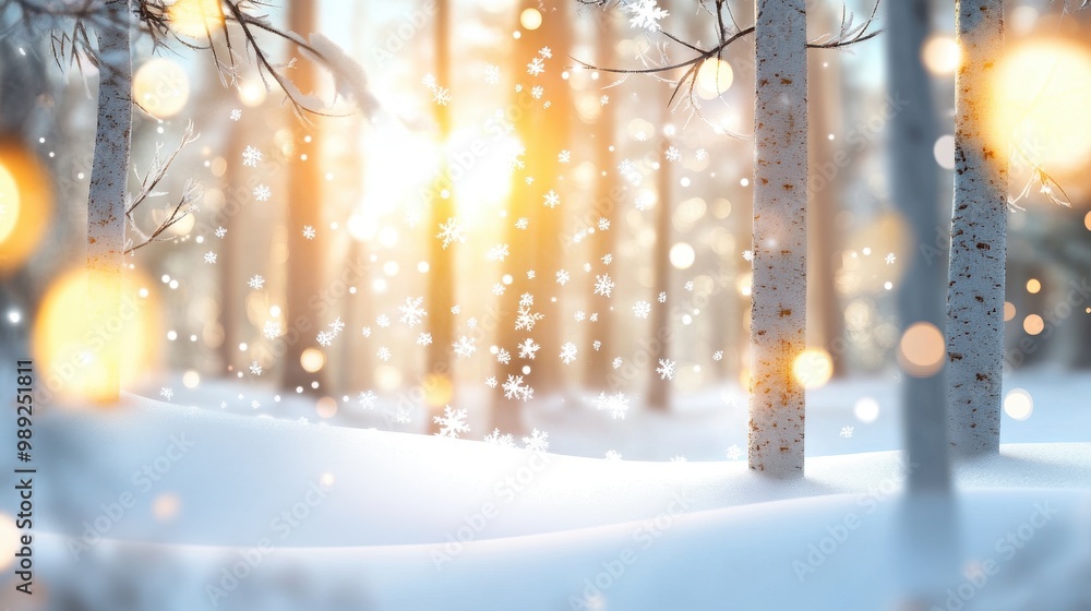 Poster snow-covered trees in a dense winter forest, with soft light filtering through the branches and snow