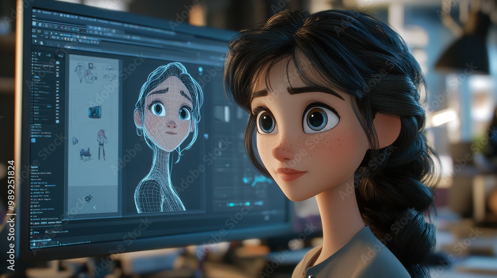 Poster creating diverse character designs is exciting process, showcasing young woman with braid, focused o