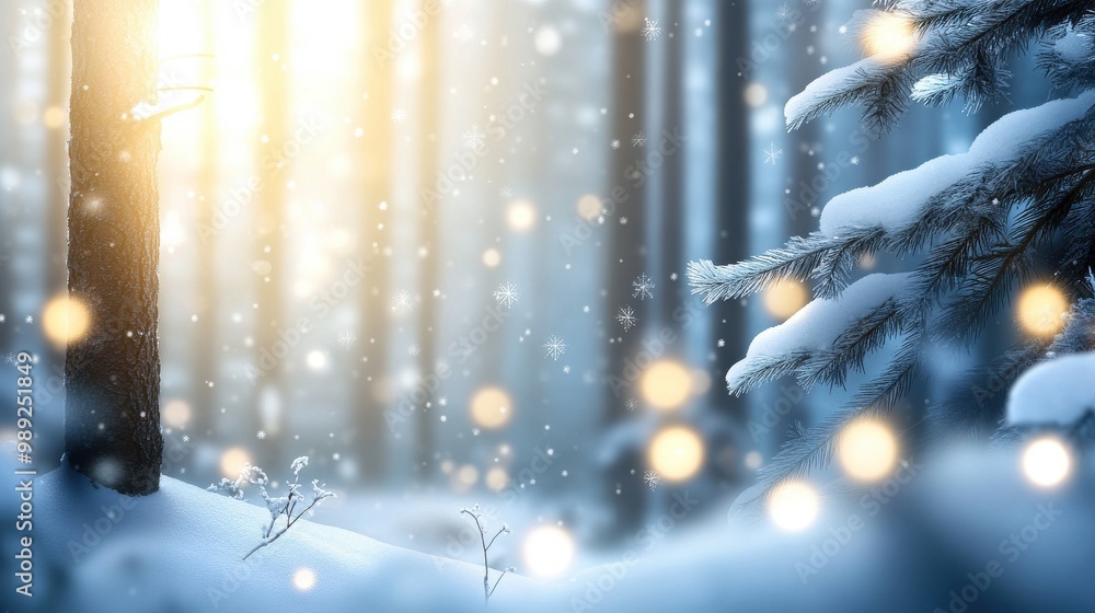 Poster snow-covered trees in a dense winter forest, with soft light filtering through the branches and snow