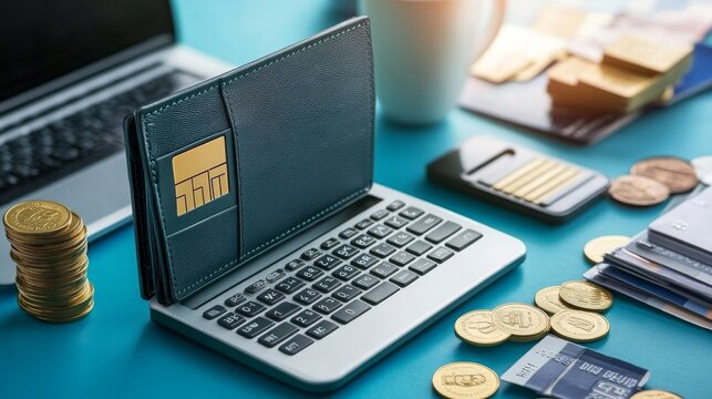 A modern workspace featuring a laptop, credit card, digital currency coins, and stacks of paper, embodying finance and technology.