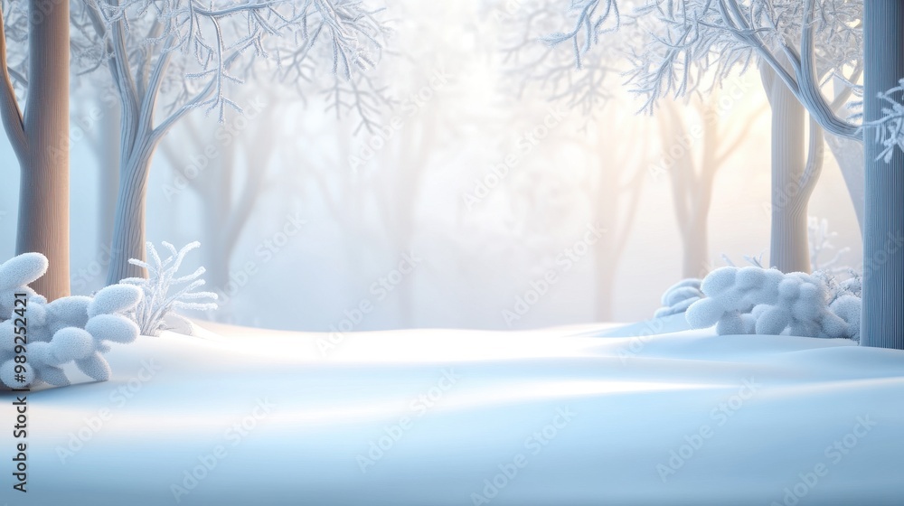 Poster snowy forest scene with frosted trees and a blanket of snow covering the ground, creating a calm win