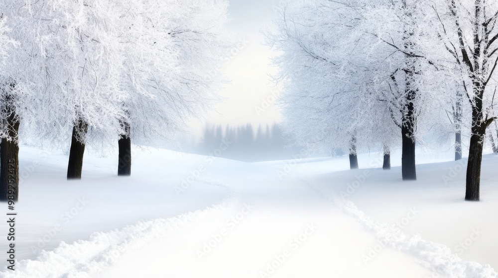 Poster snowy forest scene with frosted trees and a blanket of snow covering the ground, creating a calm win