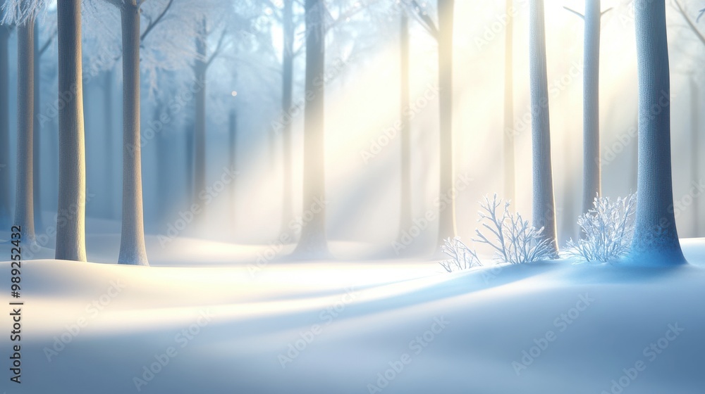 Poster snowy forest with soft light filtering through the trees, snow gently covering the ground and branch