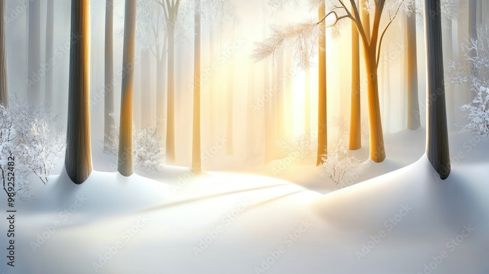 Poster snowy forest with soft light filtering through the trees, snow gently covering the ground and branch
