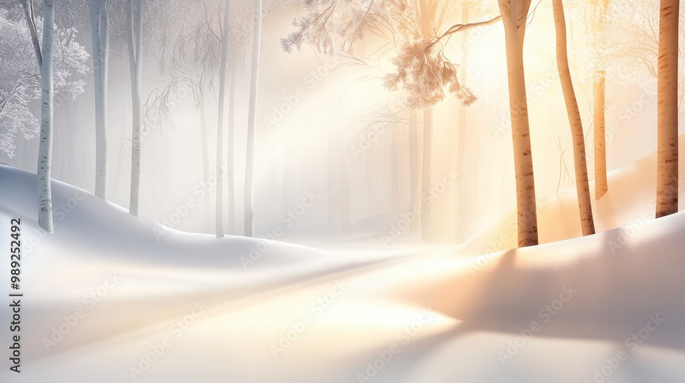 Poster snowy forest with soft light filtering through the trees, snow gently covering the ground and branch