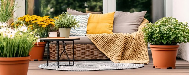 Fototapeta premium Patio with a cozy throw blanket, a tiny table, and potted plants