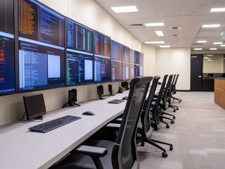 A high-tech conference room with interactive screens and remote participants