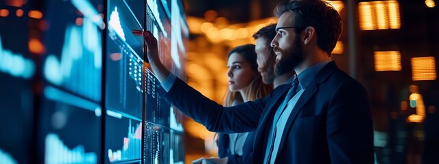 Business team analyzing financial data on large screens in a modern office during evening hours