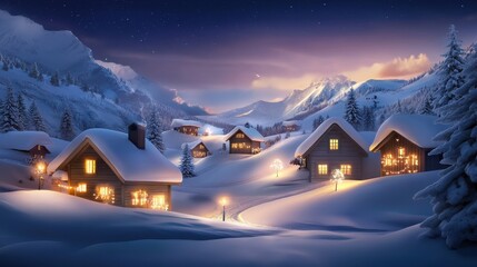 Fototapeta premium Snowy village nestled in the mountains, with snow-covered rooftops, warm lights in the windows, and a peaceful winter night sky.