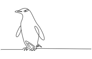 Penguin continuous one line art drawing of vector, One line penguin, sketch. Outline monochrome vector illustration of polar animal isolated on white background,