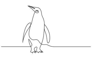 Penguin continuous one line art drawing of vector, One line penguin, sketch. Outline monochrome vector illustration of polar animal isolated on white background,