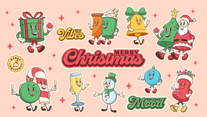 Groovy Christmas Retro Characters Stickers Set. Cartoon Santa, Cake, Latte, Snowman, Bell and Gift. Vector Winter Holiday Mascot Templates. Happy New Year Personage Illustrations Collection Isolated