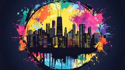 Vibrant Chicago Skyline Vector Icon at Art Fair with Colorful Splash - Creative Urban Silhouette with Paintbrushes and Palettes in Circle Frame