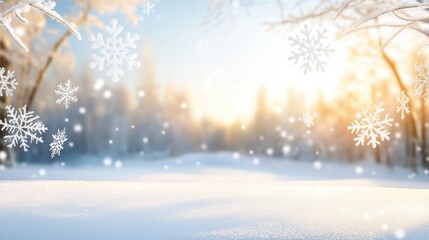 Soft winter scene with intricate snowflakes floating through the air, overlaying a snow-covered forest backdrop under a clear sky.