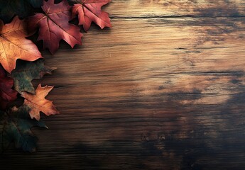 Obraz premium Autumn Leaves Wooden Table Background