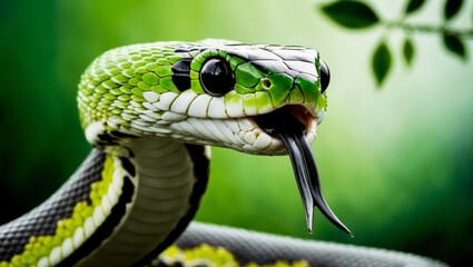 Fototapeta premium Green snake with tongue out in nature