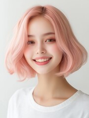 A cheerful young woman with pink hair, showcasing a bright smile and vibrant personality against a clean, minimalist background.