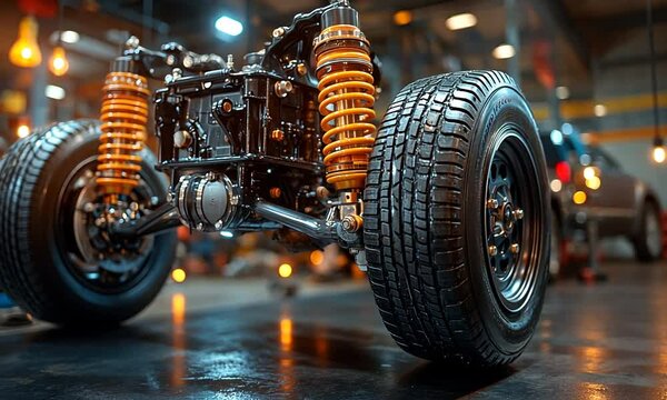 A close-up view of a vehicle's suspension and wheel assembly.