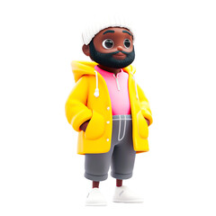 Obraz premium Cute cartoon man with pigtails, wearing a yellow raincoat, white cap and boots, no background, transparent background