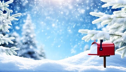 Naklejka premium A snow-covered mailbox with holiday decorations and a snowy backdrop. Made with Generative AI Technology