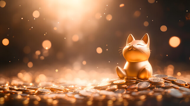 A cheerful golden cat figurine sitting amidst sparkling coins, radiating warmth and charm in a dreamy light atmosphere.