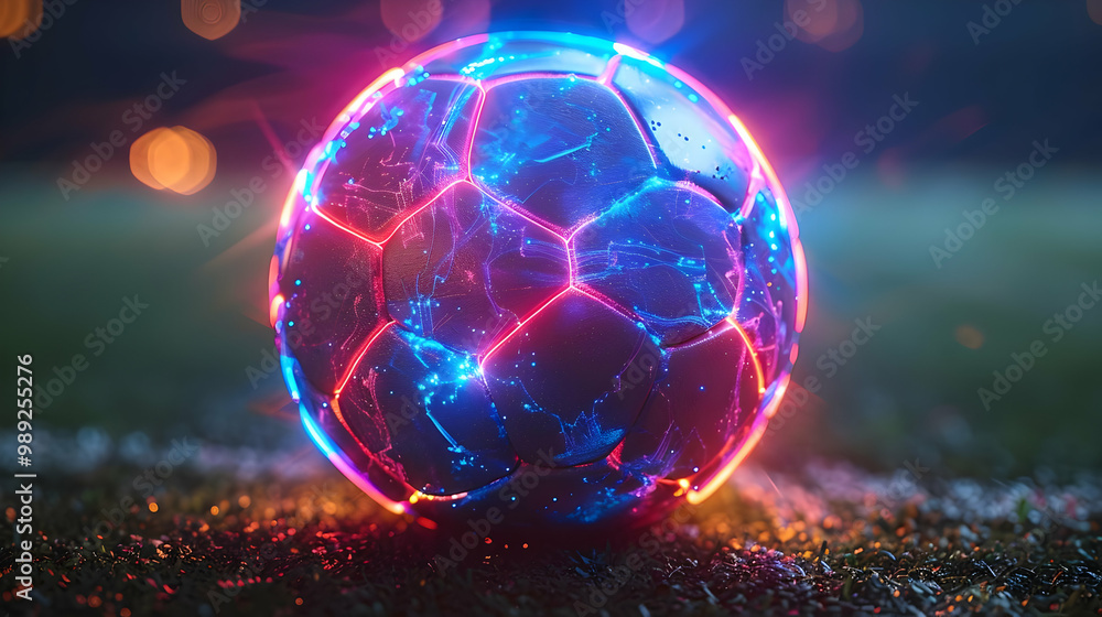 Wall mural glowing soccer ball on grass 3d illustration