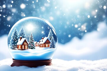 A snowy village inside a Christmas Snow Globe with twinkling lights against a Snowy Background. Made with Generative AI Technology