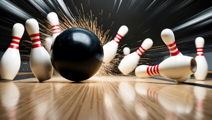 Bowling ball crashing into pins with dynamic motion