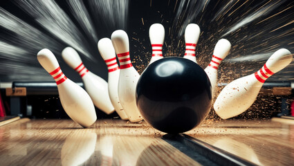 Bowling strike captured mid-action with sparks flying