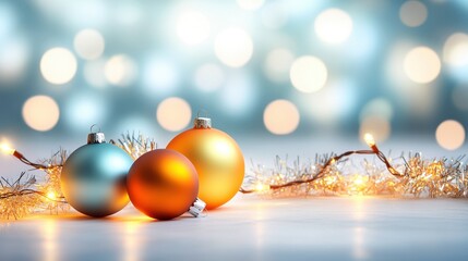 Fototapeta premium Vintage Christmas ornaments in classic colors, glowing softly with retro lights and tinsel, creating a cheerful and nostalgic holiday vibe.