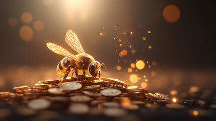 A golden bee perched on shimmering coins, radiating a sense of wealth and prosperity, with sparkling bokeh in the background.