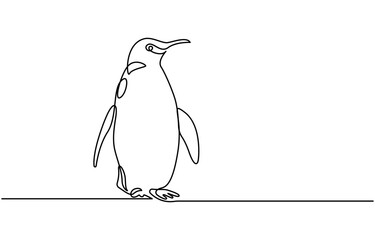 Penguin continuous one line art drawing of vector, One line penguin, sketch. Outline monochrome vector illustration of polar animal isolated on white background,