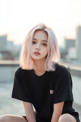 Obraz premium A serene portrait of a young woman with pastel hair, exuding a calm vibe against a city backdrop during sunset.